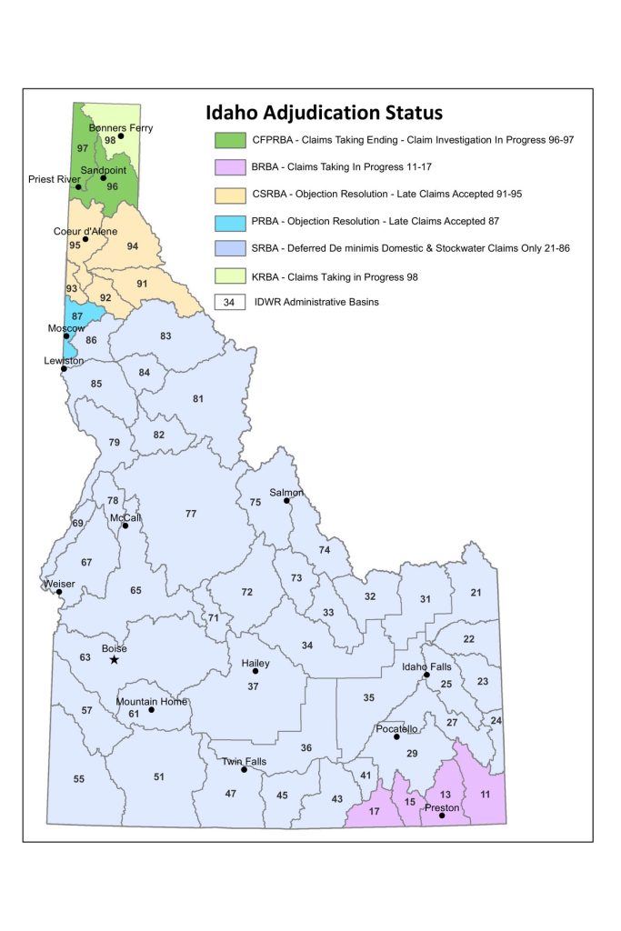 MAP OF IDAHO'S BASINS AND THE STATUS OF EACH ADJUDICATION.