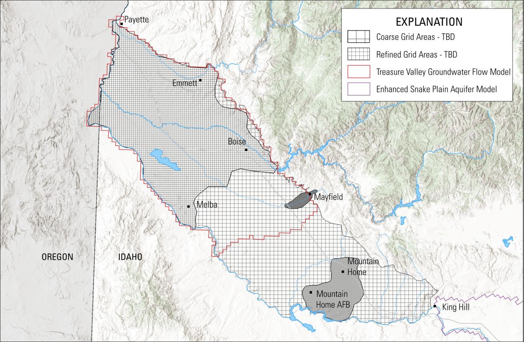 Map showing grid refinement for the Western Snake Plain Aquifer model